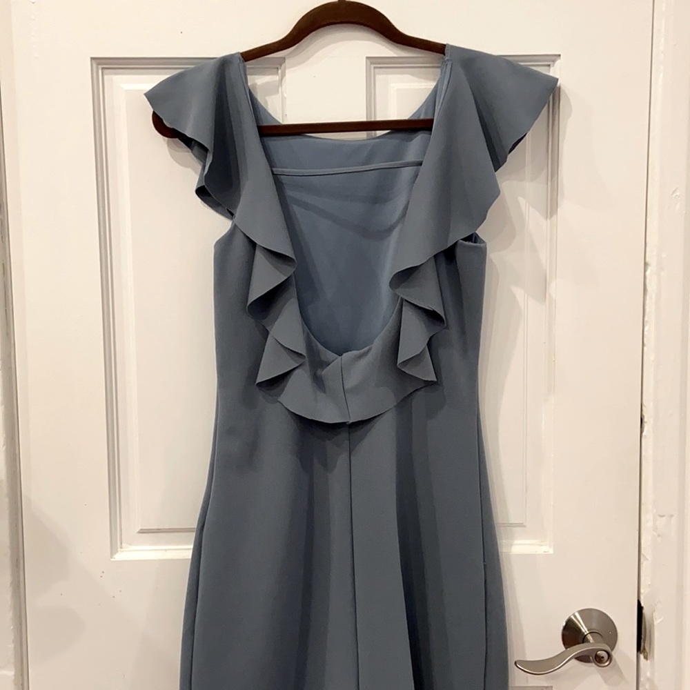 Open back ruffled blue cocktail dress